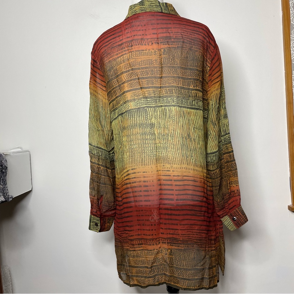 Chico's Design Sheer Long Sleeve Blouse Tunic Rayon Burnt Orange Tribal Print - Picture 5 of 16